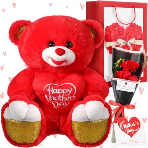 Capoda 4-teiliges Happy-Set, 30,5 cm, Herzbär, Plüsch, künstliche Blumen, Rosentasche und Grußkarte, Süßigkeitentag, Geburtstagskorb für Mutter, Frauen, Ehefrau (Muttertag) von Capoda