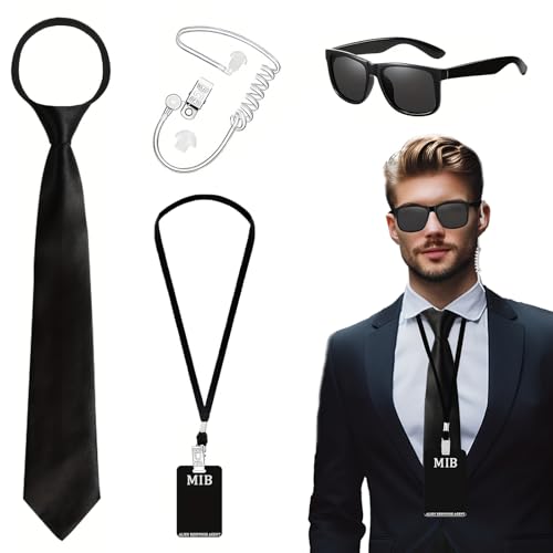Agenten-Kostüm-Zubehör-Set – 4-teiliges Spionage-Kostüm-Set mit schwarzer Krawatte, dünnem Rahmen, Hörmuschel und Ausweis-Abzeichen, Geheimagenten-Outfit für Halloween, Weihnachten, Cosplay Agenten-Kostüm-Zubehör-Set – 4-teiliges Spionage-Kostüm-Set mit schwarzer Krawatte, dünnem Rahmen, Hörmuschel und Ausweis-Abzeichen, Geheimagenten-Outfit für Halloween, Weihnachten, Cosplay von CarPlusStudio