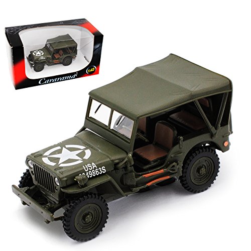 Cararama Jeep Willys 1/4 TON Army Truck Grün USA Army 2. Weltkrieg mit Dach 1/43 Modell Auto mit individiuellem Wunschkennzeichen von Cararama