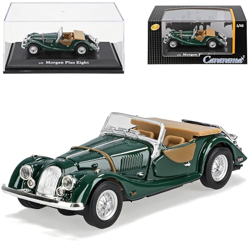 Cararama Morgan Plus Eight 8 Cabrio Offen Grün mit Sockel und Vitrine 1/43 Modell Auto mit individiuellem Wunschkennzeichen von Cararama