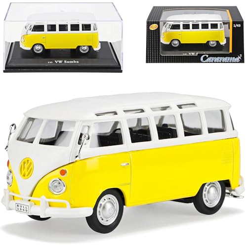 Cararama VW Volkswagen T1 Gelb Weiss mit Dachfenster Samba Bully Bus 1950-1967 mit Sockel und Vitrine 1/43 Modell Auto von Cararama