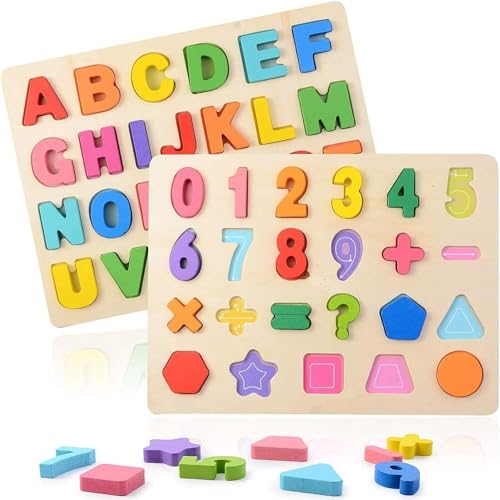 Holzpuzzle Spielzeug, 2 Stück Bunt Alphabet ABC Buchstaben Zahlen Gestalten Klobige Holz Puzzle Blöcke, Learning Brettspiel Lernspielzeug Geschenk für Kleinkinder und Vorschulkinder von Carastek