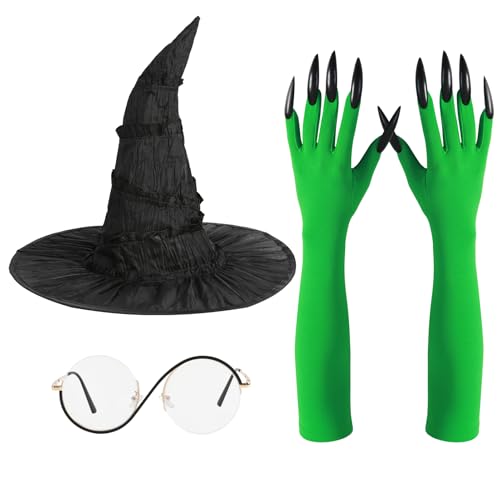 Hexenkostüm-Zubehör für Damen, Hexenhut, Brille, grüne Krallenhandschuhe, Partyverkleidungen für Elphaba von Carkno