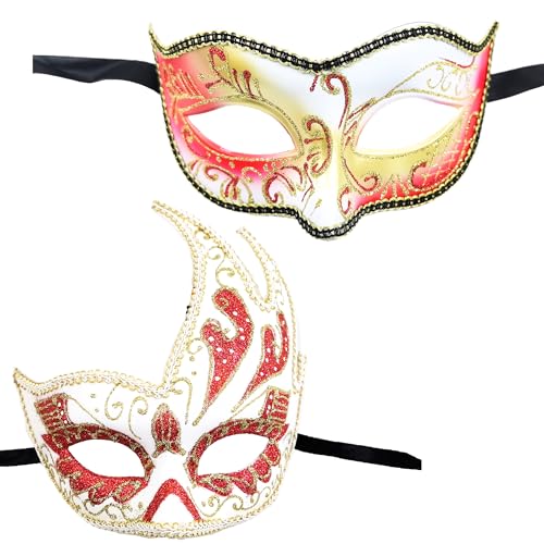 2 venezianische Karnevalsmaske mit Glitzer, venezianischer Karnevalsmaske, Halbgesicht, für Damen, aus strapazierfähigem Material, Feder, Tanzmaske (venezianische Maske, Vintage, Rot) von Carnavalife