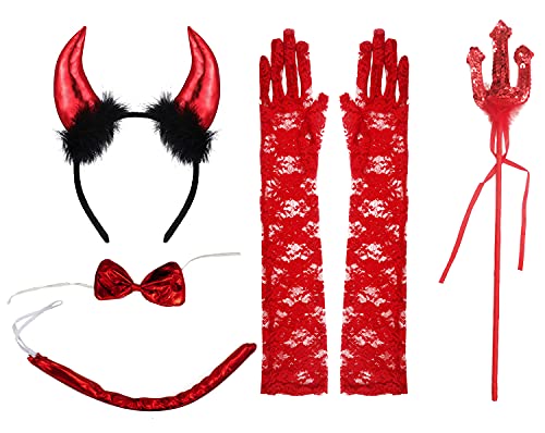 5 Stück, glänzendes rotes Teufelskostüm, Halloween-Kostüm, komplettes Zubehör für Teufelskostüm, Haarband, Fliege, Teufelschwanz, Haarspange und lange rote Handschuhe von Carnavalife
