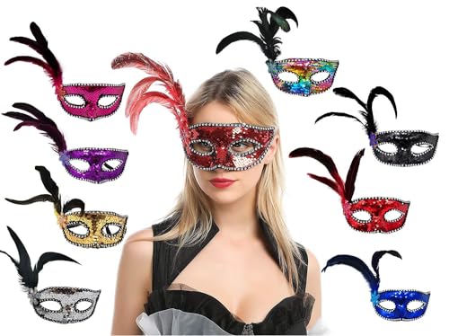 8 venezianische Masken für Karneval, venezianische Karnevalsmaske, Halbgesicht, für Damen, Tanzmaske, Glitzer, Feder, Glitzer, Feder, Retro, Vintage, Party, Gatsby, Unisex, 8 Stück von Carnavalife