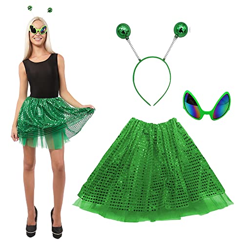 Alien-Kostüme für Damen, Außerirdische Brille mit Antennen-Stirnband und Paillettenrock, Zubehör für Mottopartys, Halloween, Karneval und Supernova Kostüm (Grün) von Carnavalife
