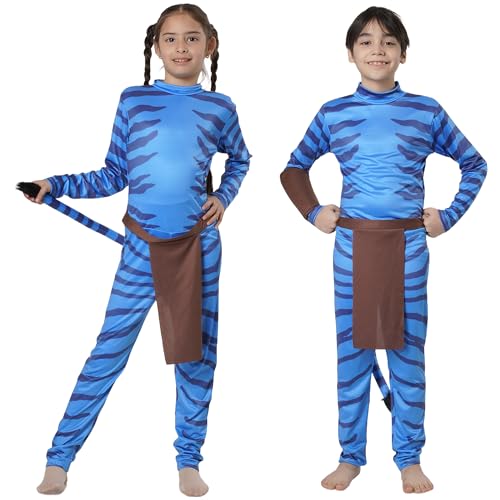 Blaues Tribal-Kostüm für Jungen und Mädchen, Overall, bedruckt, Karneval, Halloween, Cosplay, Dschungel, Alien, Langarm, Kindergrößen (blauer Overall, 3-4) von Carnavalife