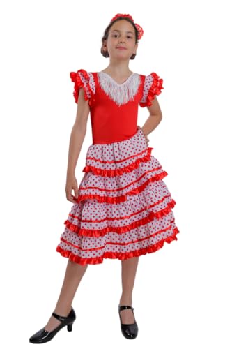 Carnavalife Flamenco-Kleid für Mädchen, Flamenco-Kostüm, Sevillana-Kostüm, für Mädchen und Mädchen, gepunktetes Design, 2-14 Jahre (rot/weiß, 8 Jahre) von Carnavalife