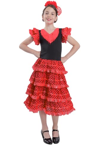 Carnavalife Flamenco Mädchen Flamenco Kostüm Sevillana Kostüm Tupfen 2-14 Jahre Rot/Schwarz 10 Jahre von Carnavalife