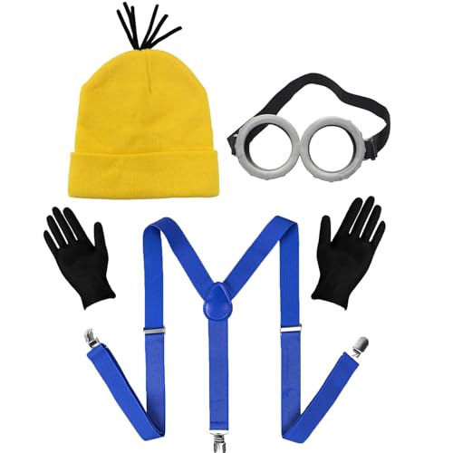 Carnavalife Gelbes Kostümzubehör für Cosplay, Halloween-Kostüm, Karneval, Brille, Handschuhe, kleine Freunde, lustige Freunde (4 Stück mit Mütze für Kinder) von Carnavalife