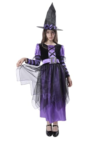 Carnavalife Hexenkostüm für Mädchen, Original Zauberer von Oz+Hexenhut 3-12 Jahre, Hexenkostüm für Mädchen für Halloween und Karneval, Purple & Black Striped Witch (5-6 Jahre) von Carnavalife