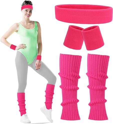 Carnavalife Kostüm 80er Jahre für Erwachsene, Damen, mit Haarband, Handgelenksbandagen, Beinwärmer, Neon Gym, Zubehör 80er Jahre, Sportbänder 80er Jahre (80er Jahre, Fuchsia) von Carnavalife
