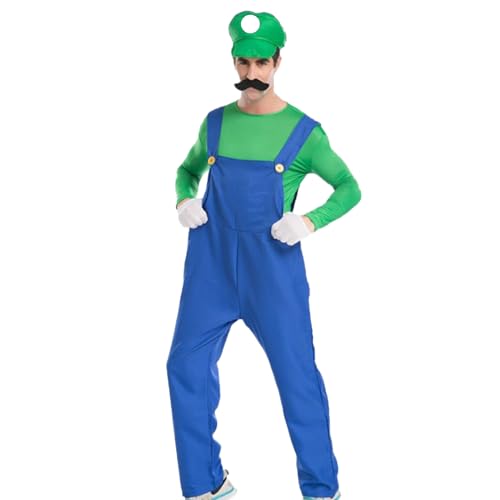 Carnavalife Mario und Luigi-Kostüm, Super Brothers Kostüm für Erwachsene, Overall und Mütze für Erwachsene, Ideal für Cosplay Party Halloween Karneval (Grün, L) von Carnavalife