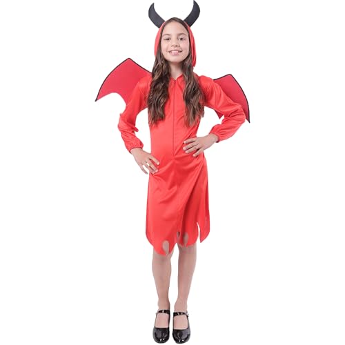 Carnavalife Teufelskostüm für Mädchen, Halloween, Dämon, Luzifer, Satan, Flügel, Schwanz und Kapuze, Horn, 3-12 Jahre, Dämonenkostüm für Mädchen, Halloween, Devil Dämon Costume (7-9 Jahre) von Carnavalife