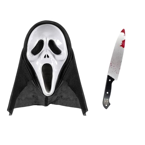 Carnavalife Weiße Geistermaske für Halloween Erwachsene Slasher Killer Kostüm mit Kapuze Gruseliges Horror Gesicht für Cosplay Party (Maske mit Messer) von Carnavalife