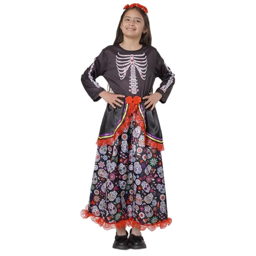 Catrina Kostüm für Mädchen, mexikanischer Totenkopf, Halloween, für Kinder, langes Kleid, bunte Blumen, mit Haarreif, Rosa, Tag der Toten, Karneval, Horror (Catrina-Kleid für Mädchen, 10-12) von Carnavalife