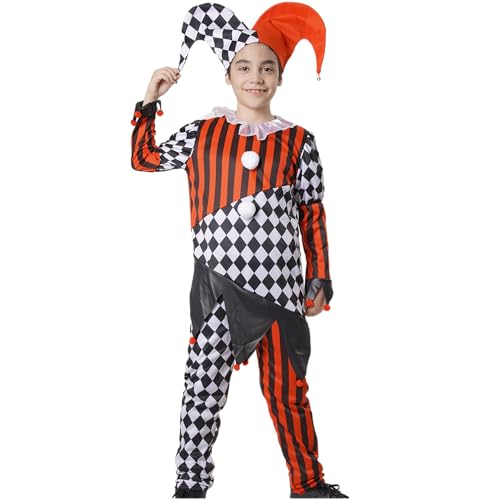 Clown-Kostüm, Horror für Kinder, Harlekin, kariert und Streifen, schwarz rot, Halloween, Karneval, Cosplay, Schulparty, Theaterparade, Rüschkragen und Mütze (Overall Gon, 7-9) von Carnavalife