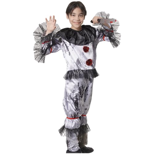 Clown-Kostüm für Kinder, Unisex, Satin, grau, mit schwarzer Spitze und Rüschenkragen, langärmelig, Halloween, Karneval, Cosplay, Jungen, Mädchen, dunkler Clown-Thema, Grau, Größe 10-12 Clown-Kostüm für Kinder, Unisex, Satin, grau, mit schwarzer Spitze und Rüschenkragen, langärmelig, Halloween, Karneval, Cosplay, Jungen, Mädchen, dunkler Clown-Thema, Grau, Größe 10-12 von Carnavalife