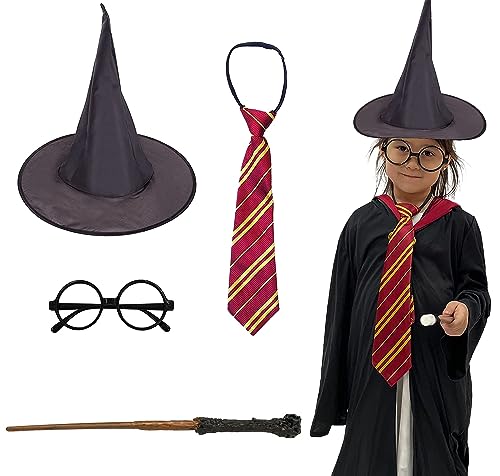 Harry Potter Halloween-Kostüm, Zaubererbrille aus Kunststoff, Zauberstab, Krawatte und schwarzer Hexenhut für Halloween-Dekoration, 4 Stück (Modell C) von Carnavalife
