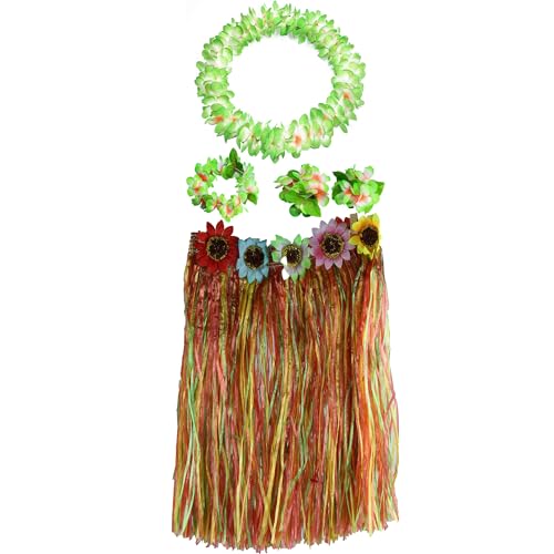 Hawaiisches Kostüm für Damen, Set mit Halskette und Hawaiian Armbändern für Kostüm, Blume, Erwachsene, Karneval, Halloween, Party, Karneval, Halloween (Rock/60 cm, Grün, mehrfarbig) von Carnavalife