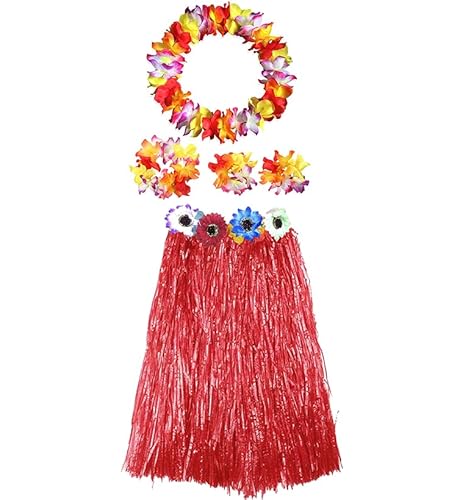 Hawaiisches Kostüm für Damen, Set mit Halskette und Hawaiian Armbändern für Kostüm, Blume, Erwachsene, Karneval, Halloween, Party, Rock, 60 cm, Rot, mehrfarbig) von Carnavalife