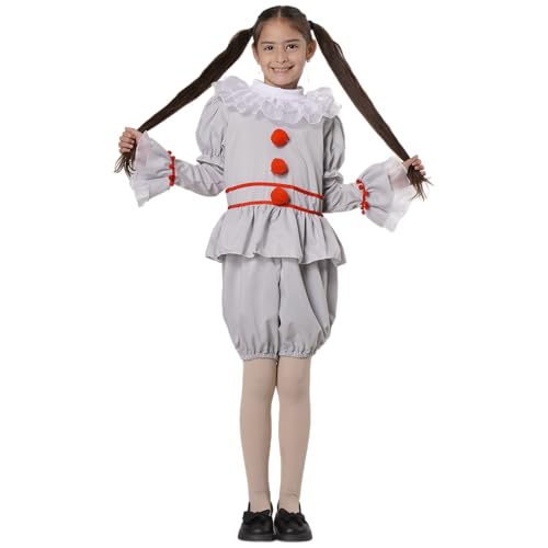 Horror Clown Kostüm für Mädchen Grau mit Rüschen Rote Pompoms Halloween Karneval Kindercosplay Kinder Unheiliger Clown Vintage Schulparty Theater (Graues Set, 5-6) von Carnavalife