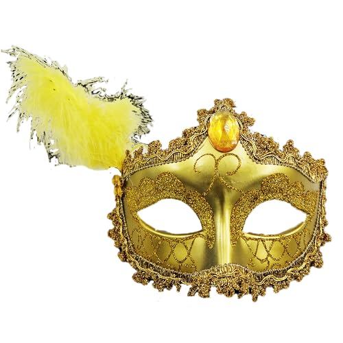 Kolumbianische Federkarneval Maske, venezianische Maske mit Glitzer und weichen Federn, Retro-Maske, 80er Jahre, Tanz, Partykostüm (Venezianische Halbgesichtsmaske mit goldener Feder) von Carnavalife