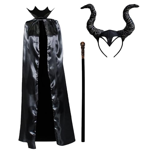 Malefica Kostüm für Erwachsene, für Damen, Halloween, Karneval, schwarzer Malefic-Umhang, verdorbendes Horn, schwarzer Malefic-Flügel, für böse Königin Teufel (Kostüm böse Horn, Umhang+schwarzer Malefica Kostüm für Erwachsene, für Damen, Halloween, Karneval, schwarzer Malefic-Umhang, verdorbendes Horn, schwarzer Malefic-Flügel, für böse Königin Teufel (Kostüm böse Horn, Umhang+schwarzer von Carnavalife