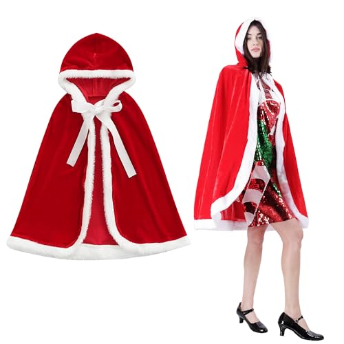 Roter Umhang mit Weihnachtsmütze, für Damen, für Weihnachtsmann-Kostüm, Weiß und Rot, für Weihnachtsmann, Höhe 120 cm von Carnavalife