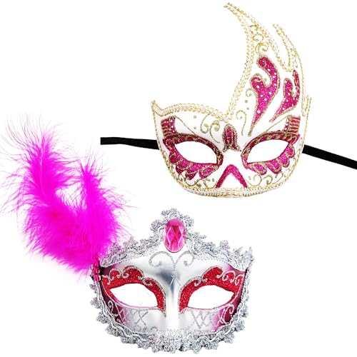 Venezianische Karnevalsmaske mit Glitzer, venezianischer Karnevalsmaske, Halbgesicht, für Damen, aus strapazierfähigem Material, Feder, Tanzmaske (Venezianische Maske, Feder Fuchsia) von Carnavalife