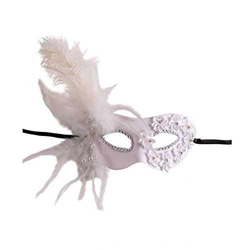 Carnival Toys Half-face mask in white plastic w/roses and feather decorations w/header. von Carnival Toys