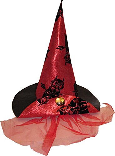 Hexenhut aus schwarzem und rotem Stoff, Schleier aus rotem Tüll Hexenhut aus schwarzem und rotem Stoff, Schleier aus rotem Tüll von Carnival Toys