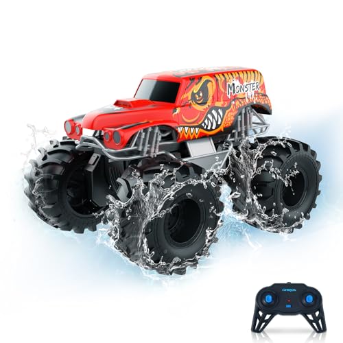 Carox Amphibienfahrzeug Ferngesteuertes Auto, 2.4 Ghz 1500mah RC, Wasserdicht Monstertruck Auto Car Pool Strand Spielzeug für Kinder ab 6 Jahre OX21RED von Carox