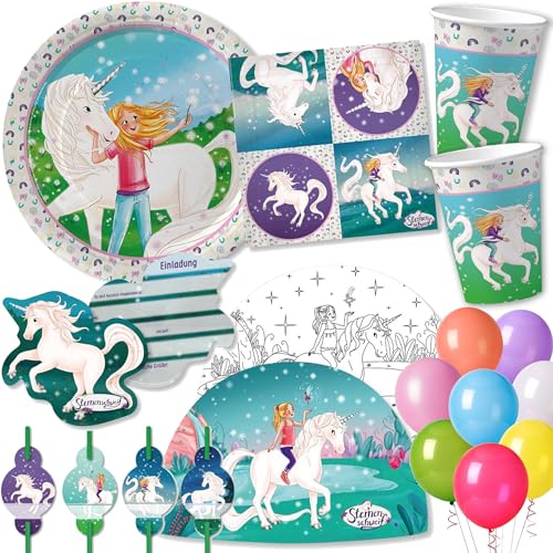 104-tlg Party-Set * STERNENSCHWEIF * für Kindergeburtstag mit Teller + Becher + Servietten + Trinkhalme+ Einladungen + Platzsets + Luftschlangen + Ballons | Mädchen Pferde Einhorn Kinder Geburtstag von Carpeta