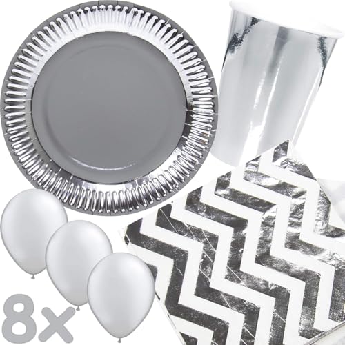 44-tlg. Party-Set * METALLIC SILBER * mit 8 Teller + 8 Becher + 20 Servietten + Deko | Perfekt zum Jubiläum, 25. Geburtstag, Silberhochzeit | Hochglänzendes silbernes Partygeschirr 44-tlg. Party-Set * METALLIC SILBER * mit 8 Teller + 8 Becher + 20 Servietten + Deko | Perfekt zum Jubiläum, 25. Geburtstag, Silberhochzeit | Hochglänzendes silbernes Partygeschirr von Carpeta