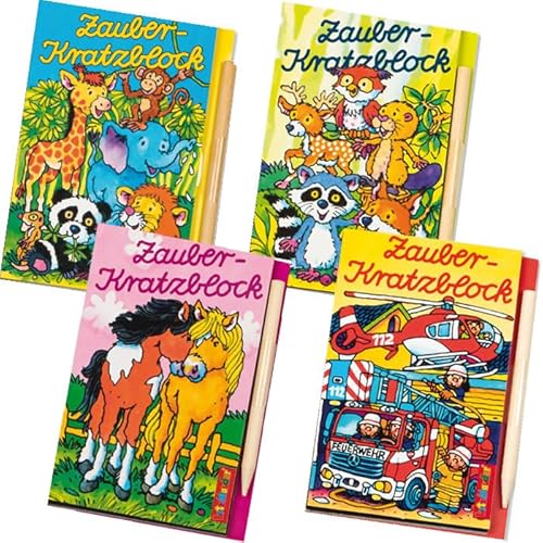 Carpeta 4 Zauberkratzblöckchen * Zootiere + Pferde + Waldtiere + Feuerwehr * in DIN A7 als Mitgebsel für Kindergeburtstag | Party Zauberblock Malbuch Malen Kratzen Tiere von Carpeta