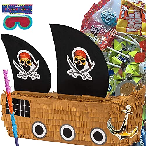 Pinata Set: * PIRATENSCHIFF * + Maske + Schläger + 100-teiliger Süßigkeiten-Füllung No.1 von Carpeta© | Handgefertigte Piraten Pinata | Tolles Spiel für Kindergeburtstag und Motto-Party von Carpeta
