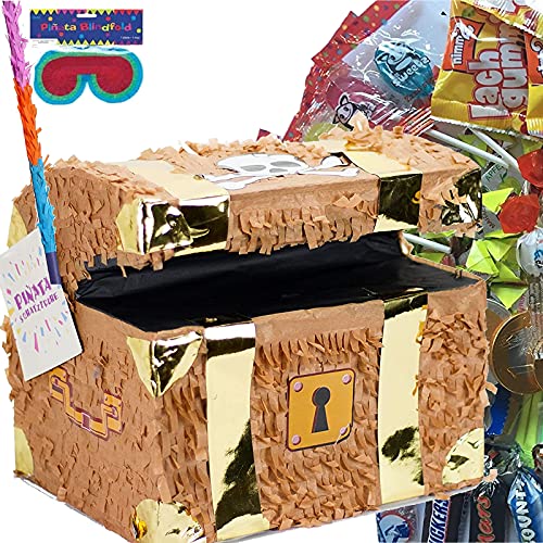 Carpeta Pinata Set: * SCHATZTRUHE * + Maske + Schläger + 100-teiliger Süßigkeiten-Füllung No.1 Handgefertigte Schatzkiste Pinata | Tolles Spiel für Kindergeburtstag und Motto-Party von Carpeta