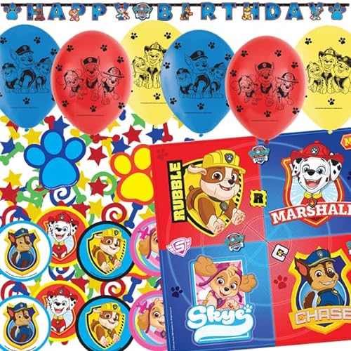 Deko-Set für Kindergeburtstag, Mottoparty und Party | 170 Teile mit Servietten + Konfetti + Wimpelkette + Luftballons | Kinder Deko Partydeko (Paw Patrol) von Carpeta