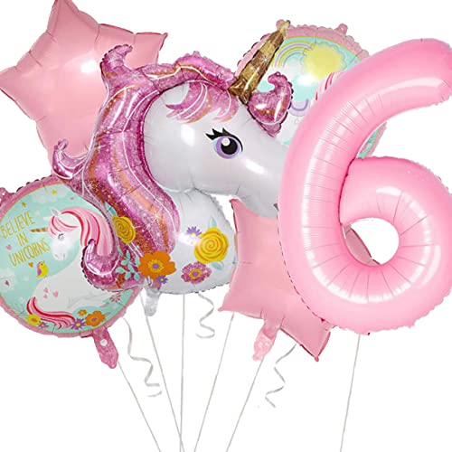 Folienballon Set * Magisches Einhorn * für 1. bis 9. Geburtstag | 6 Ballons + Zahl + Band + Aufblashilfe | Kindergeburtstag Unicorn Deko | Party Kinder Geburtstag Mädchen, Edition: 6. Geburtstag von Carpeta