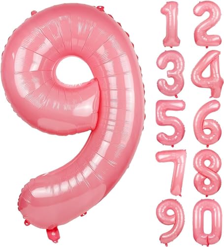 Folienballons * Macaron-Farben * als Zahlen Deko für Geburtstag und Party | XXL-Größe: 100cm | Zahl Luftballons Ballons Folienballon Ballondeko Kindergeburtstag, Edition: Erdbeer-Rot Zahl 9 von Carpeta