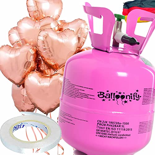 Helium Ballongas + Herz Folienballons + Ballonband | 20er Heliumflasche + Knickventil + 8 Ballonherzen + 10m Band | Luftballon Herzen Geburtstag Party Hochzeit, Edition: Set mit 8 Rosegold Herzballons von Carpeta