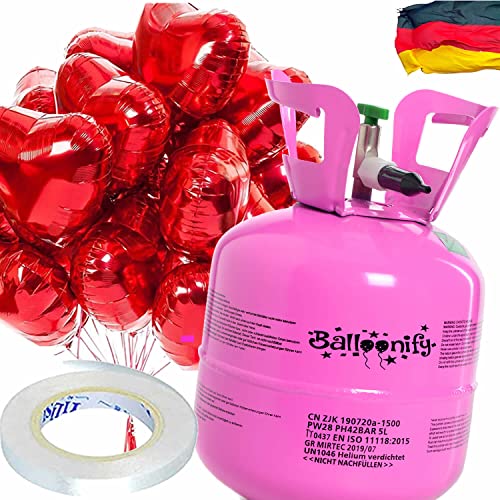 Helium Ballongas + Herz Folienballons + Ballonband | 20er Heliumflasche + Knickventil + 8 Ballonherzen + 10m Band | Luftballon Herzen Geburtstag Party Hochzeit, Edition: Set mit 8 roten Herzballons von Carpeta