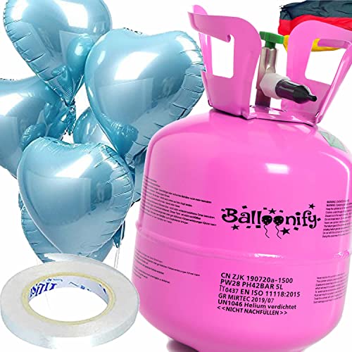 Helium Ballongas + Herz Folienballons + Ballonband | 20er Heliumflasche + Knickventil + 8 Ballonherzen + 10m Band | Luftballon Herzen Geburtstag Party Hochzeit, Edition: Set mit Hellblauen Herzballons von Carpeta