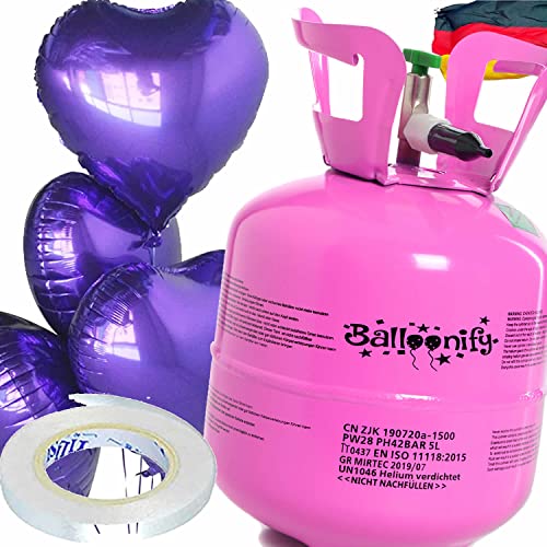 Helium Ballongas + Herz Folienballons + Ballonband | 20er Heliumflasche + Knickventil + 8 Ballonherzen + 10m Band | Luftballon Herzen Geburtstag Party Hochzeit, Edition: Set mit Lila Herzballons von Carpeta