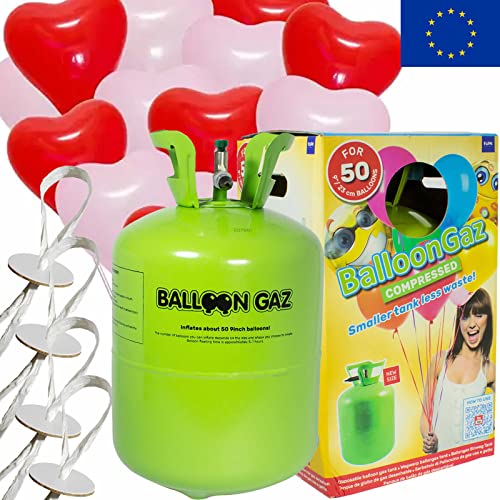Helium Ballongas + Herzballons + Öko-Ballonbänder | 50er Heliumflasche + Knickventil + 25 Herz Luftballons + 50 Bänder | Herzen Geburtstag Party Hochzeit, Edition: Set mit 25 rot-weißen Herzen von Carpeta