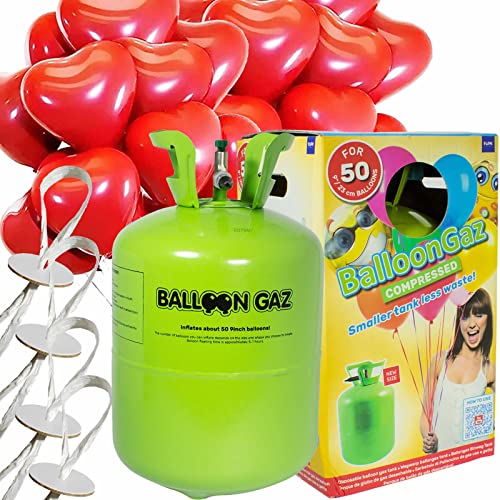 Helium Ballongas + Herzballons + Öko-Ballonbänder | 50er Heliumflasche + Knickventil + 25 Herz Luftballons + 50 Bänder | Herzen Geburtstag Party Hochzeit, Edition: Set mit 25 roten Herzballons von Carpeta