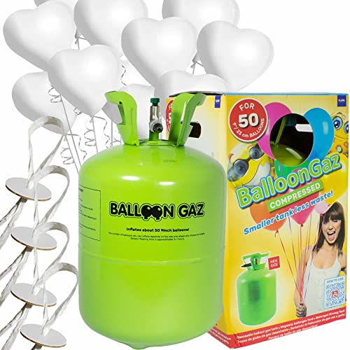 Helium Ballongas + Herzballons + Öko-Ballonbänder | 50er Heliumflasche + Knickventil + 25 Herz Luftballons + 50 Bänder | Herzen Geburtstag Party Hochzeit, Edition: Set mit 25 weißen Herzballons von Carpeta