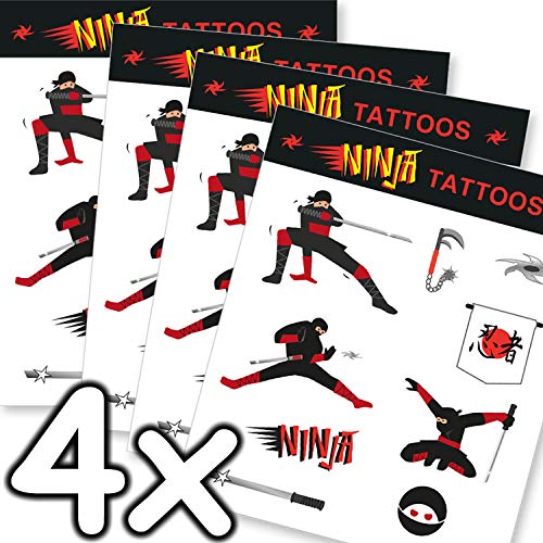 Mega-Tattoo-Set * Ninja * als Mitgebsel, Geschenk oder zum Spielen | 4 Bögen mit 36 Tattoos | Karate Judo Aufkleber Bilder Sticker Kinder Kindergeburtstag Geburtstag von Carpeta
